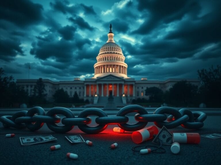 Flick International A dramatic depiction of the U.S. Capitol at dusk with a broken chain symbolizing the struggle of working families against government decisions.