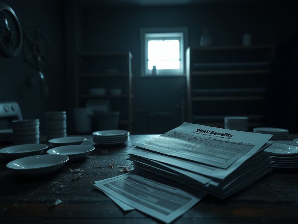 Flick International Darkened room with empty dining plates symbolizing hunger and SNAP benefits complications