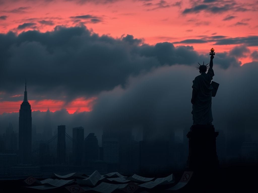 Flick International Somber cityscape of New York City at dusk with iconic landmarks and a cracked Statue of Liberty symbolizing ideological erosion
