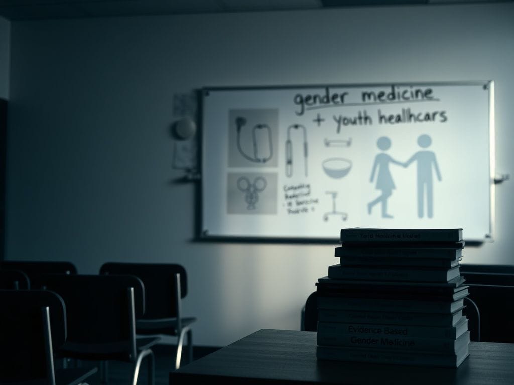 Flick International Empty classroom with erased notes on gender medicine and a subdued healthcare poster