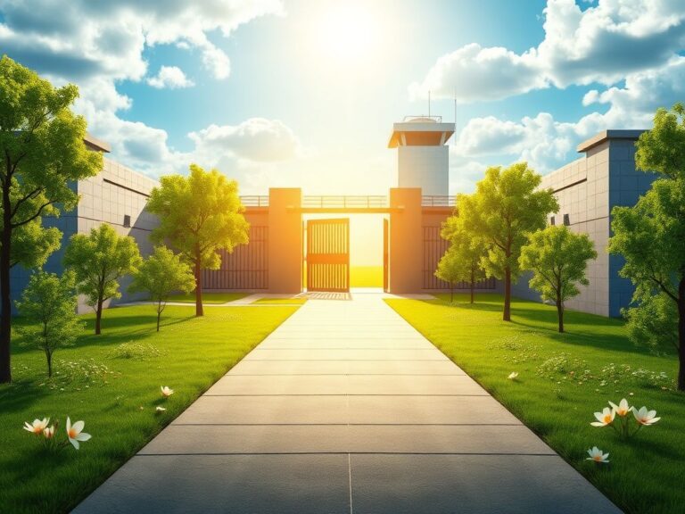 Flick International A modern prison facility symbolizing reform and rehabilitation against a hopeful sky