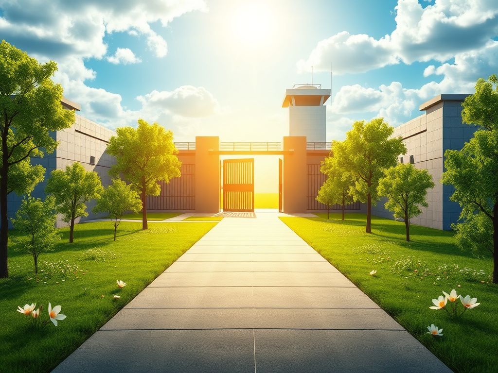 Flick International A modern prison facility symbolizing reform and rehabilitation against a hopeful sky