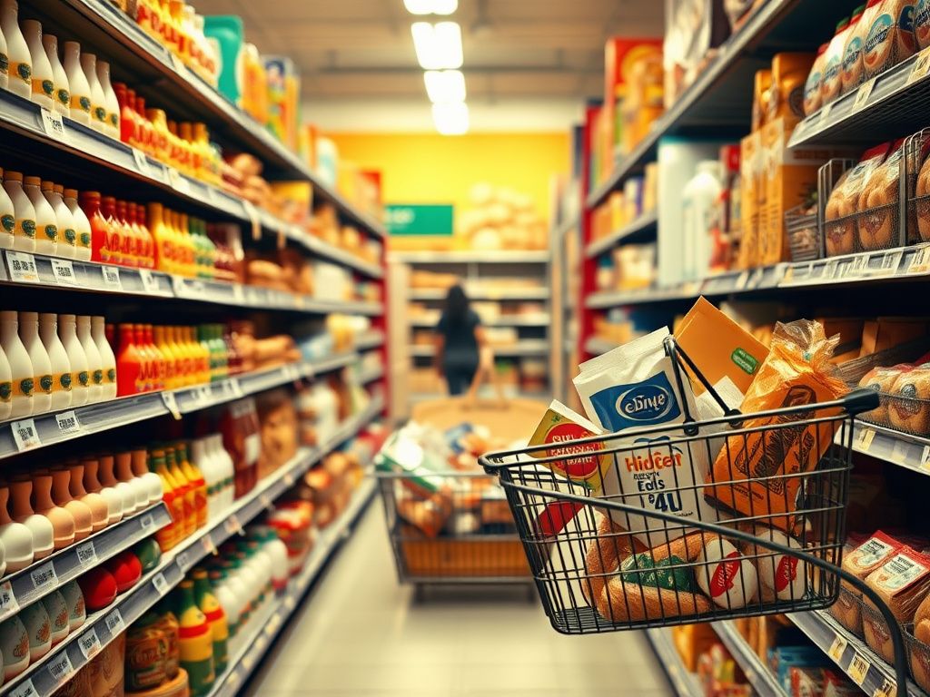 Flick International A bustling grocery store aisle filled with eggs, milk, and bread, illustrating affordability challenges.