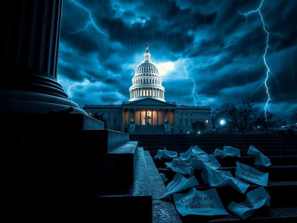 Flick International Dramatic nighttime view of the U.S. Capitol building amidst stormy skies reflecting political turmoil