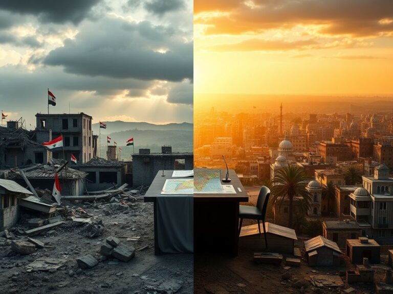 Flick International Split image of a war-torn Syrian city on the left and a flourishing urban environment on the right, symbolizing contrasting futures.