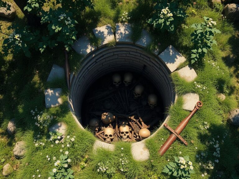 Flick International Aerial view of an ancient stone well revealing Roman warriors' skeletal remains