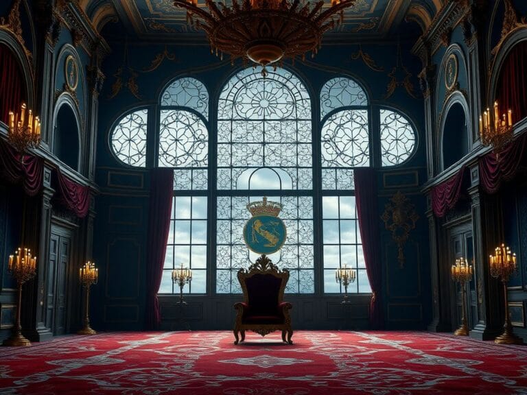 Flick International Opulent palace interior highlighting grand arches and an empty throne symbolizing royal authority