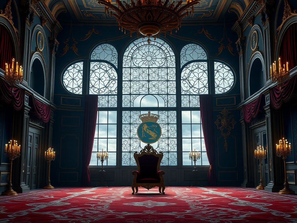 Flick International Opulent palace interior highlighting grand arches and an empty throne symbolizing royal authority