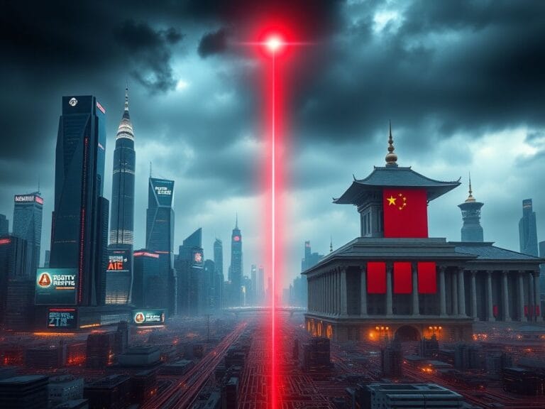 Flick International Digital landscape depicting a futuristic city skyline divided between advanced US technology and traditional Chinese architecture
