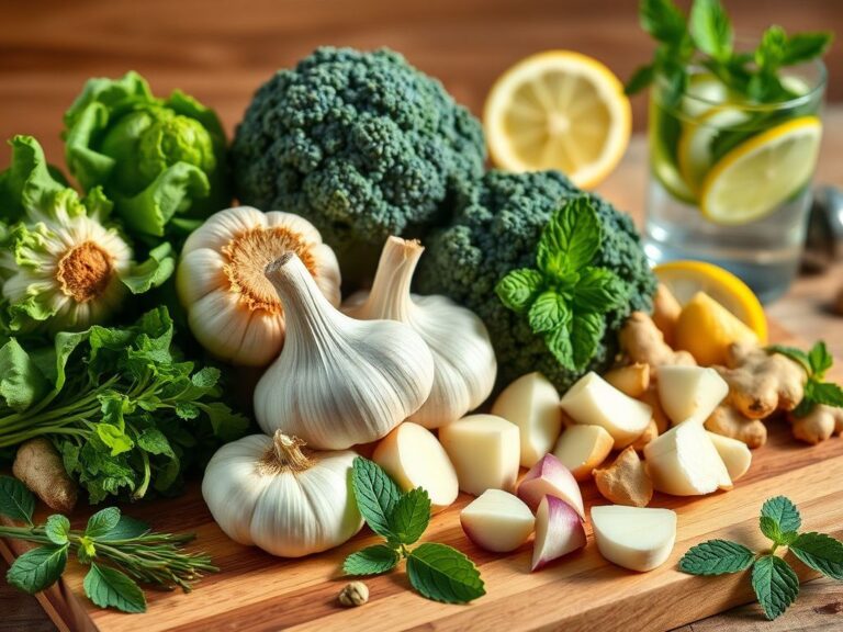 Flick International A colorful still life featuring garlic, onions, cruciferous vegetables, and fresh herbs to illustrate the impact of diet on body odor.