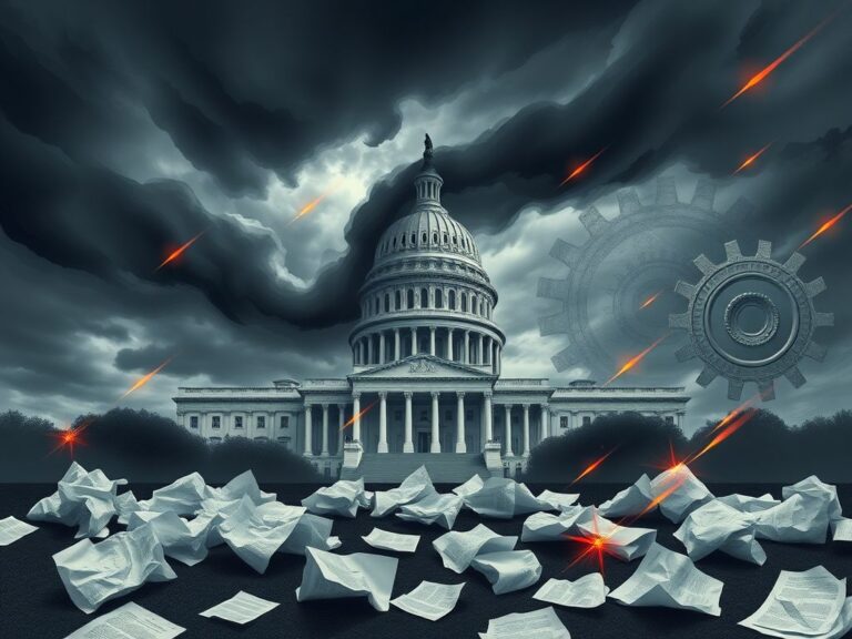 Flick International Dramatic scene of the Capitol building under storm clouds symbolizing political turmoil.