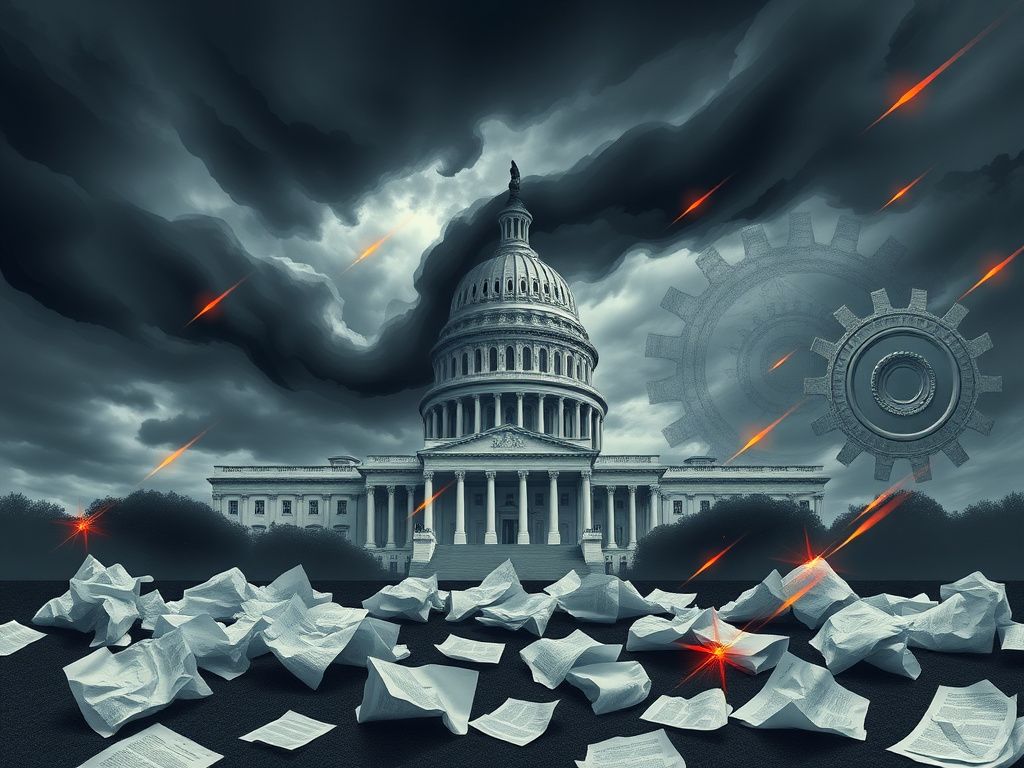 Flick International Dramatic scene of the Capitol building under storm clouds symbolizing political turmoil.