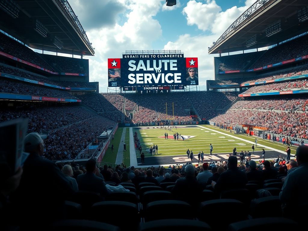Flick International A vibrant football stadium filled with fans, showcasing a scoreboard displaying 'Salute to Service' against the American flag backdrop.