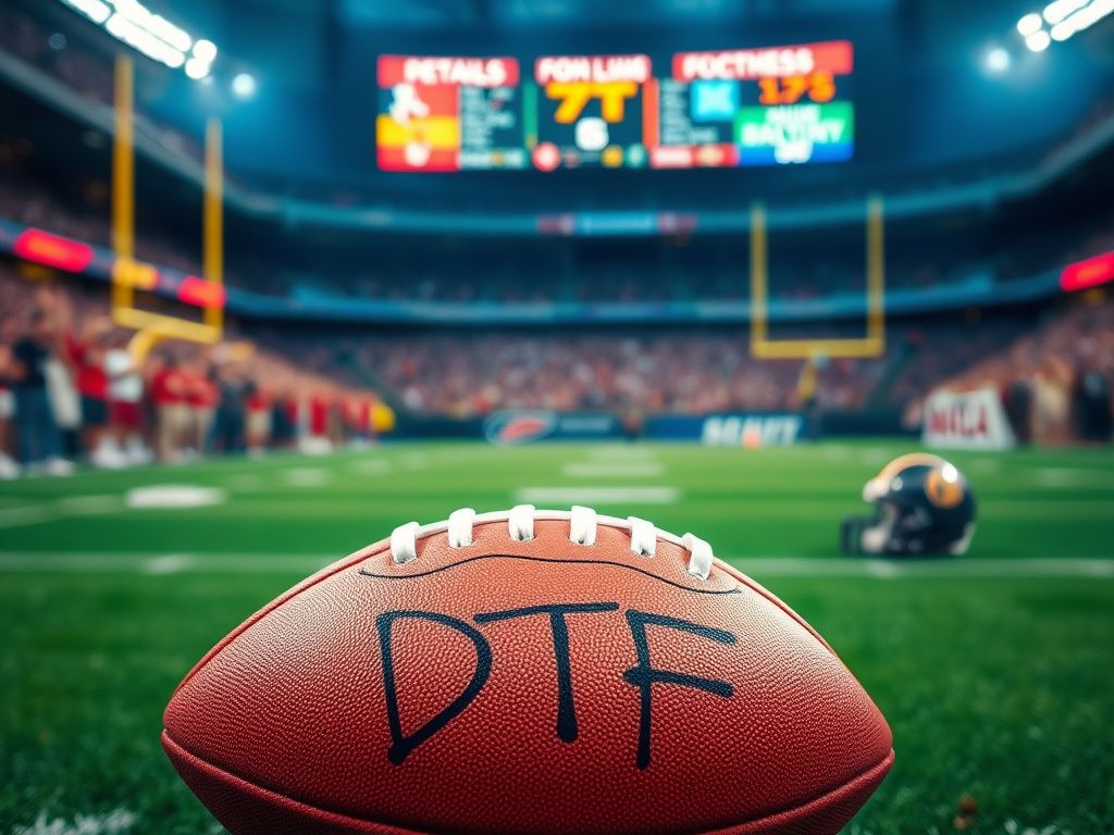Flick International Close-up of a football with 'DTF' sketched on it amidst a vibrant football game scene