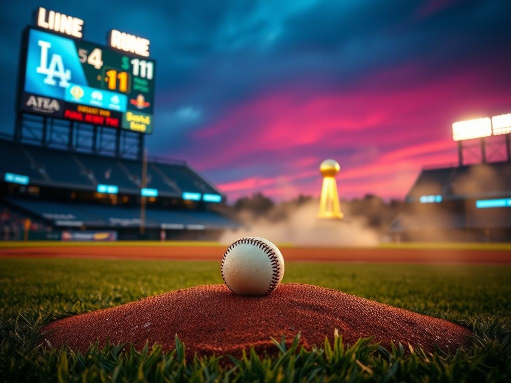 Flick International Baseball diamond at dusk with pitcher’s mound and a well-worn baseball