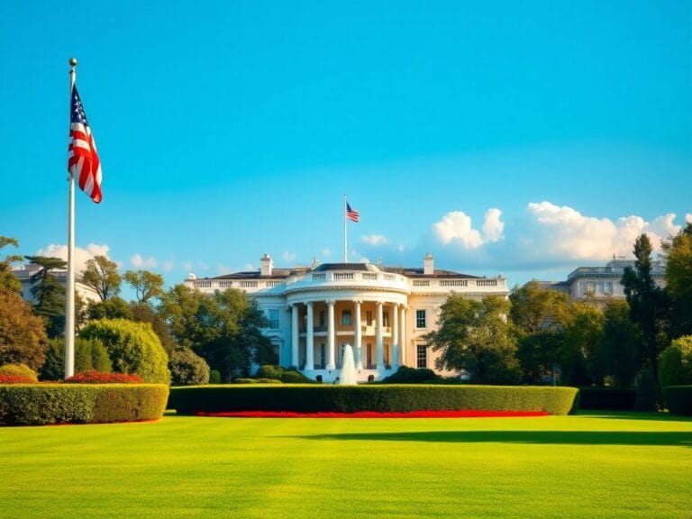 Flick International A grand view of the White House with an American flag waving in front