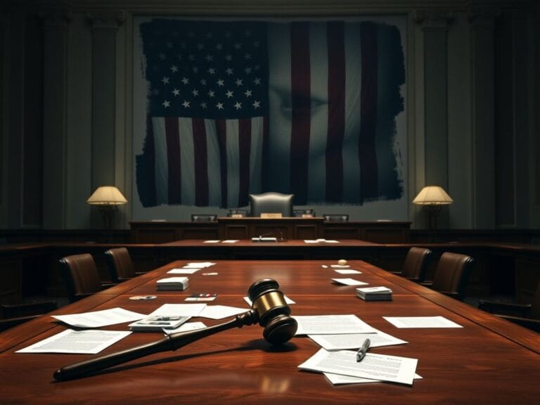 Flick International Interior of a Senate chamber showcasing a large wooden desk with scattered papers and a gavel