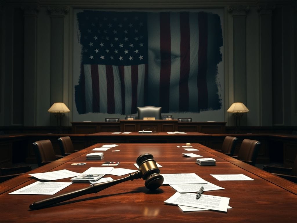 Flick International Interior of a Senate chamber showcasing a large wooden desk with scattered papers and a gavel