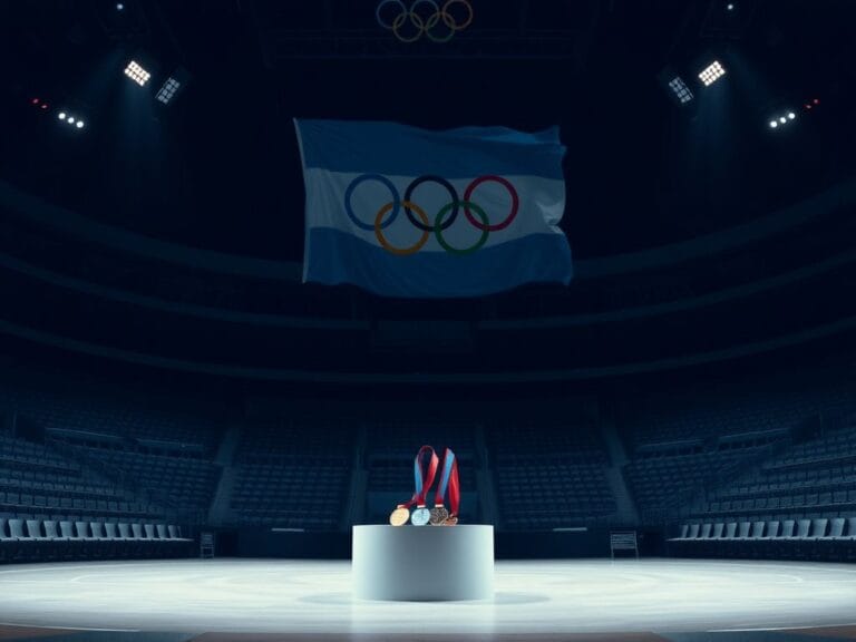 Flick International Sports arena with empty stands and a podium displaying medals