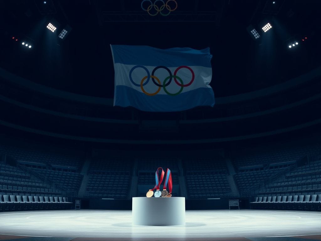 Flick International Sports arena with empty stands and a podium displaying medals