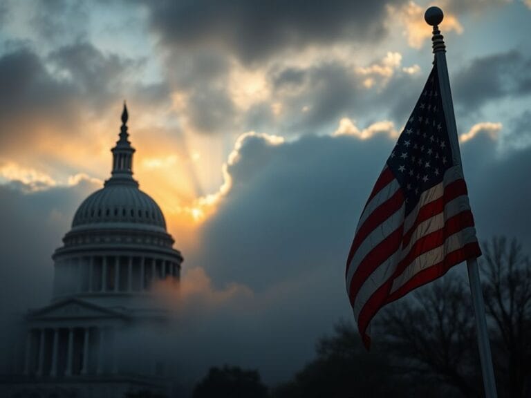 Flick International A close-up view of the U.S. Capitol building in morning fog with an American flag in the foreground