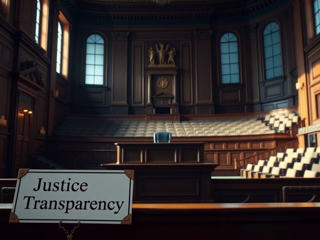 Flick International Dramatic courtroom scene with an empty witness stand highlighting the gravity of a high-profile trial