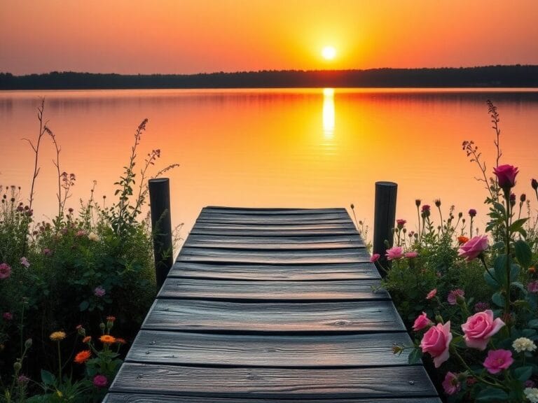 Flick International A serene sunset over a tranquil lake with a wooden dock symbolizing hope and resilience.
