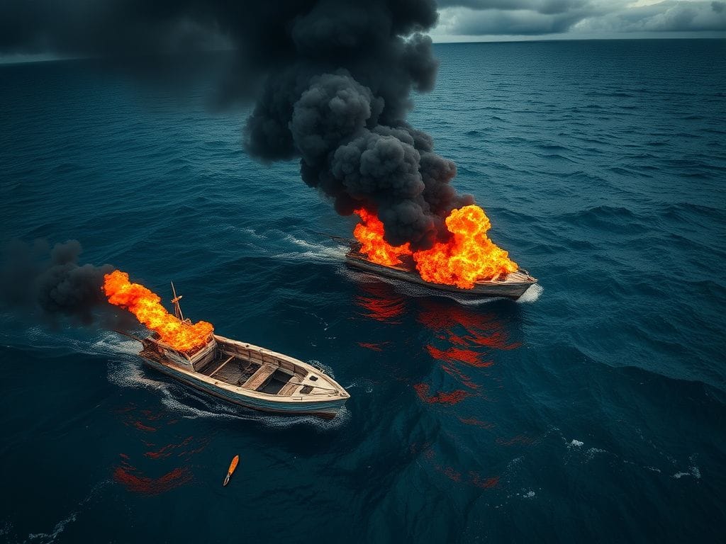 Flick International Aerial view of burning drug boats in the ocean