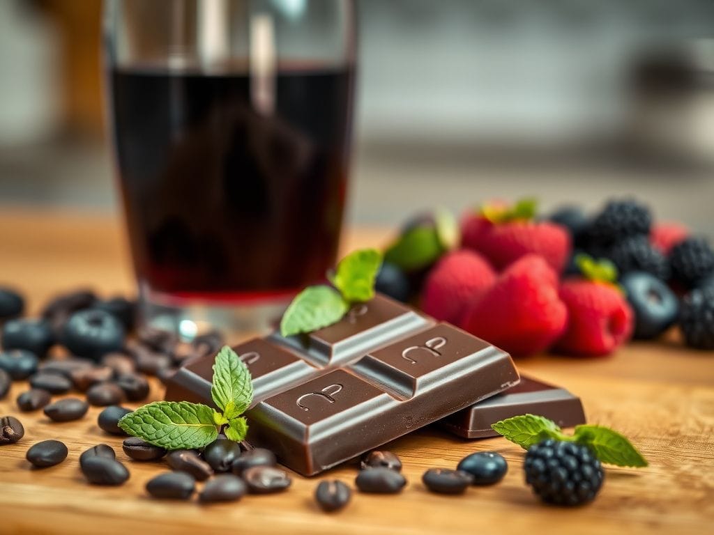 Flick International A close-up of a luxurious piece of dark chocolate surrounded by cacao beans and berries