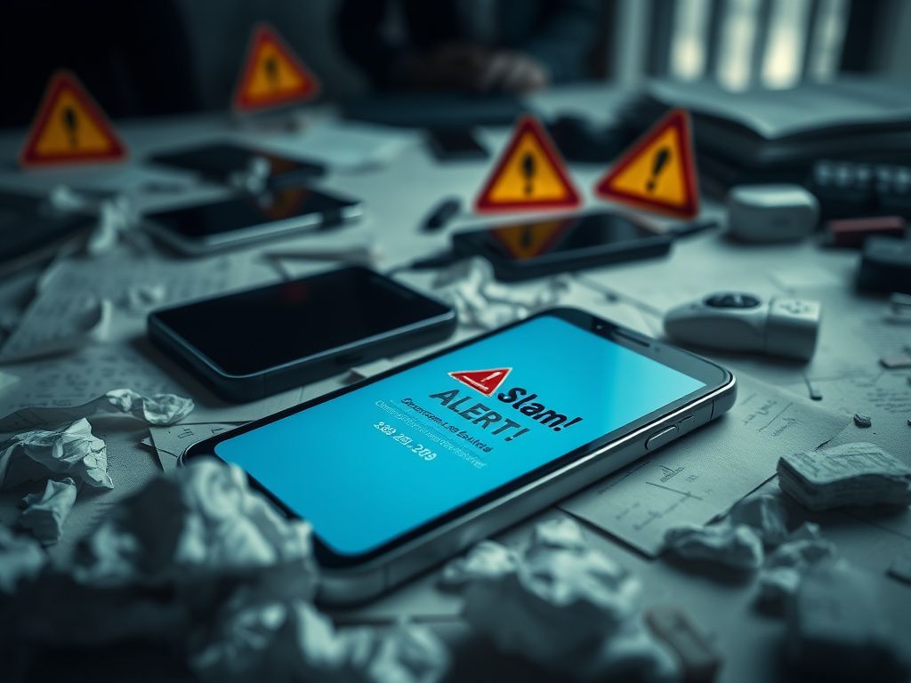 Flick International Close-up of a smartphone displaying a 'Scam Alert!' message amidst a chaotic desk setting