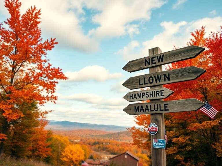 Flick International Aerial view of New Hampshire's autumn landscape with vibrant foliage and a wooden signpost