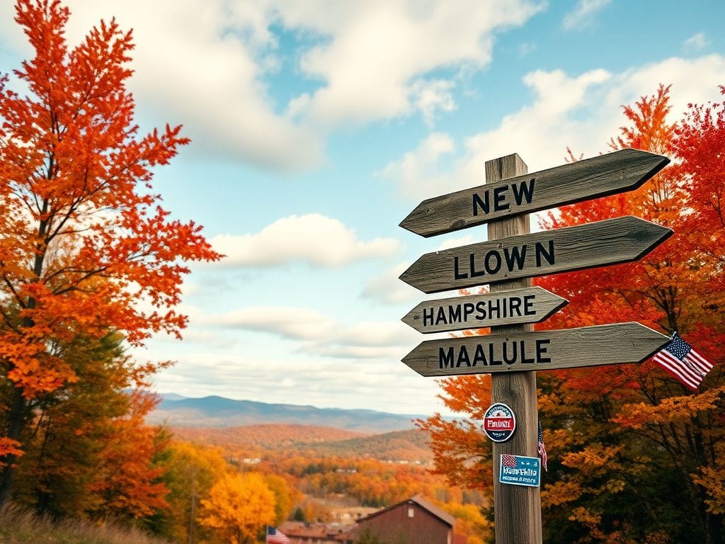Flick International Aerial view of New Hampshire's autumn landscape with vibrant foliage and a wooden signpost