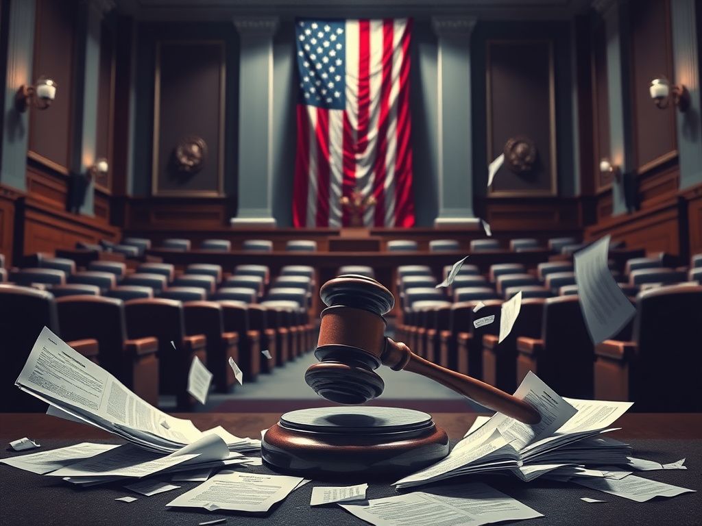 Flick International Empty Senate chamber with unoccupied seats and American flag in the background