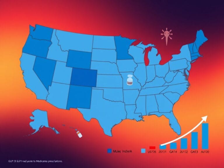 Flick International Map of the United States showing obesity rates and GLP-1 medication prescriptions with varying shades of blue.