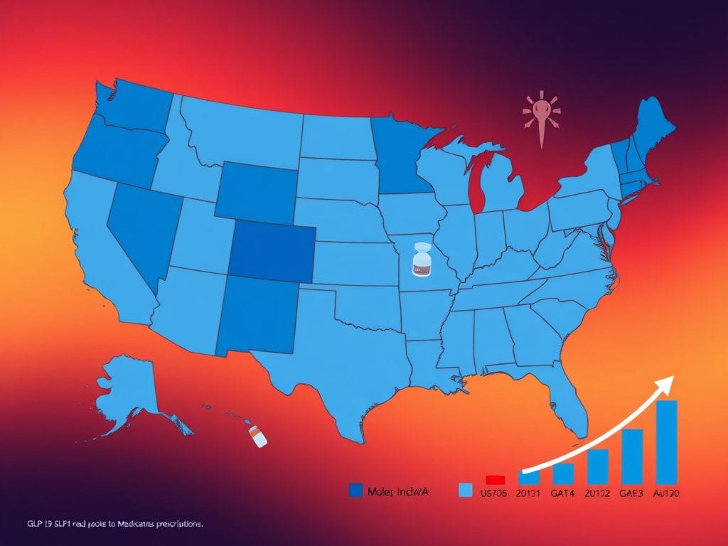 Flick International Map of the United States showing obesity rates and GLP-1 medication prescriptions with varying shades of blue.