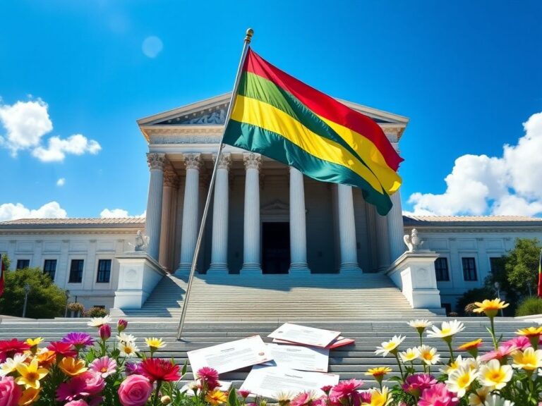 Flick International A vibrant rainbow flag waves in front of the Supreme Court building, symbolizing LGBTQ+ pride and rights.