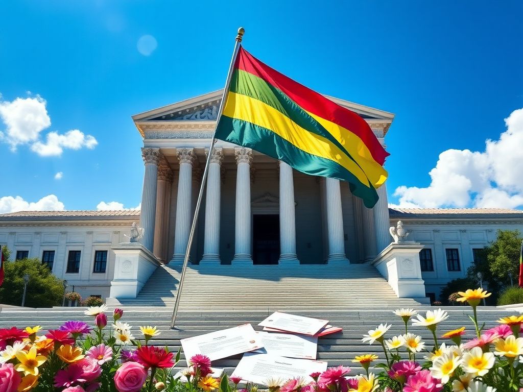 Flick International A vibrant rainbow flag waves in front of the Supreme Court building, symbolizing LGBTQ+ pride and rights.