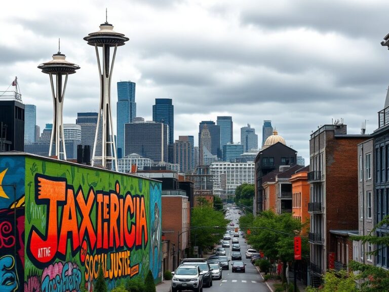 Flick International Urban landscape of Seattle featuring a vibrant mural advocating for social justice and tax reforms.