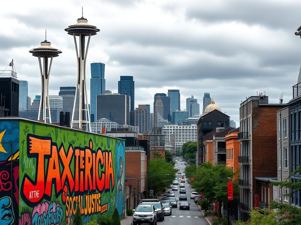 Flick International Urban landscape of Seattle featuring a vibrant mural advocating for social justice and tax reforms.