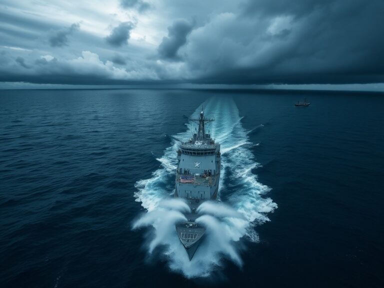 Flick International Aerial view of a U.S. navy ship on a maritime mission against narco-terrorism in a stormy sea