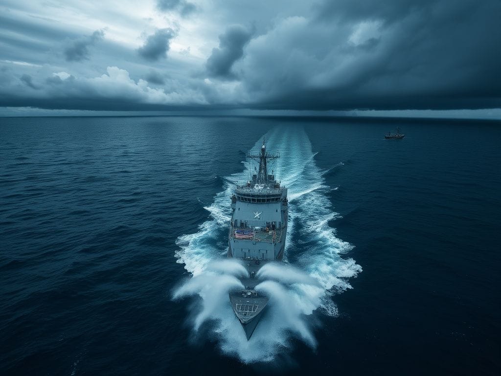 Flick International Aerial view of a U.S. navy ship on a maritime mission against narco-terrorism in a stormy sea