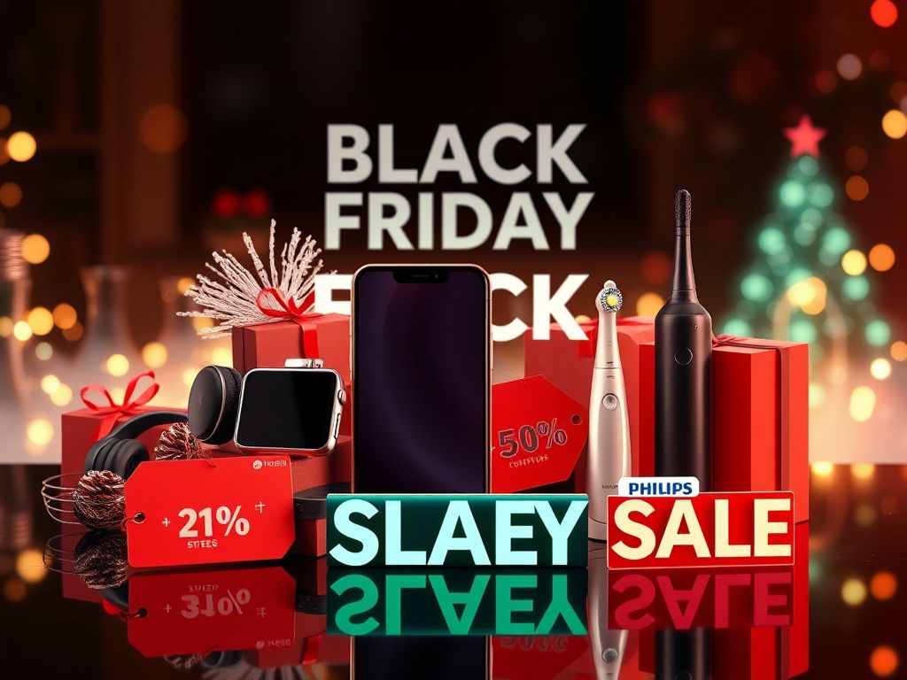 Flick International Festive arrangement of tech gadgets including Apple Watch and Google phone on a glossy surface