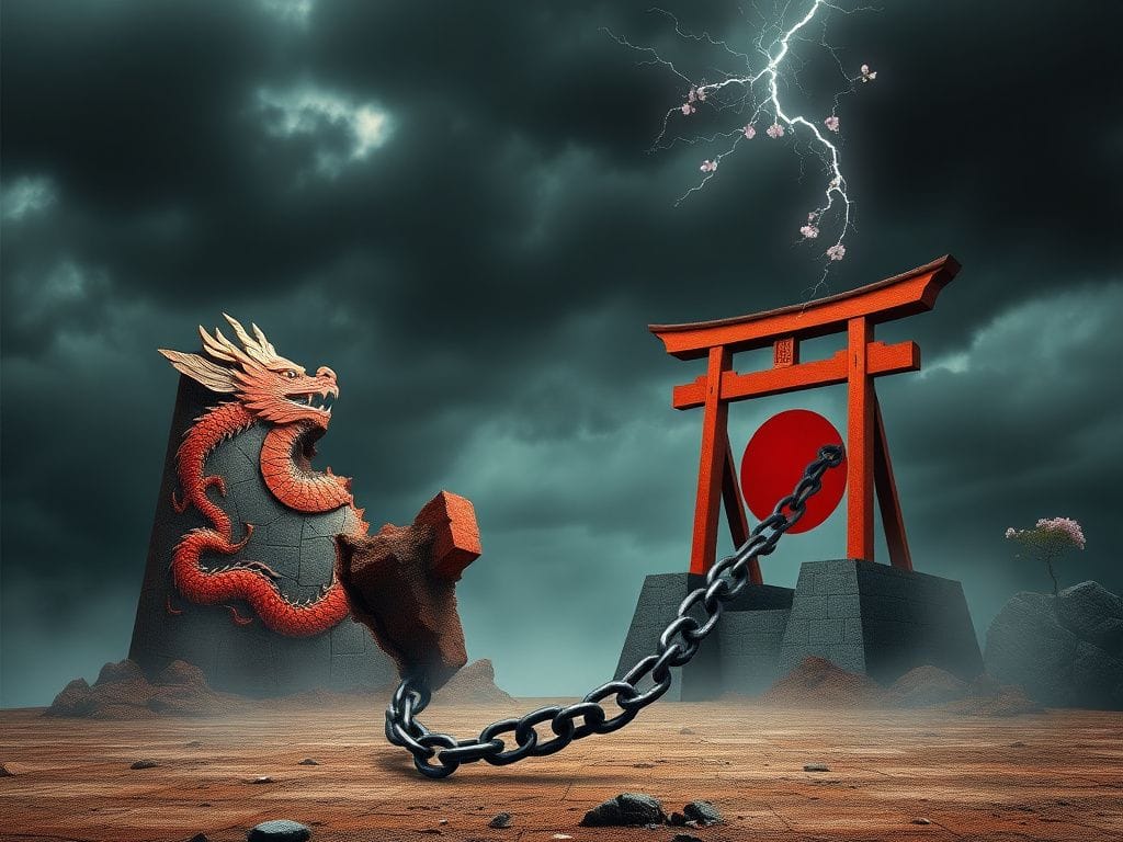 Flick International Dramatic scene of crumbling monuments representing China and Japan in a misty landscape.