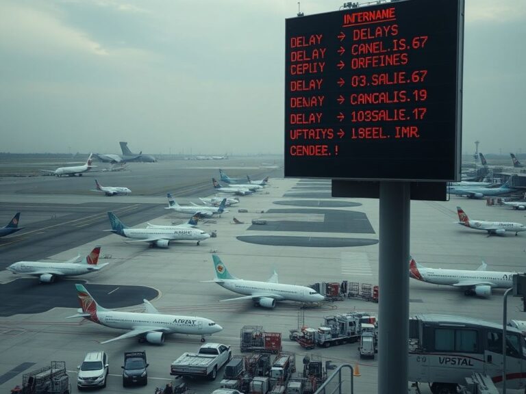 Flick International Aerial view of a busy airport with grounded planes and cue lines of aircraft awaiting takeoff