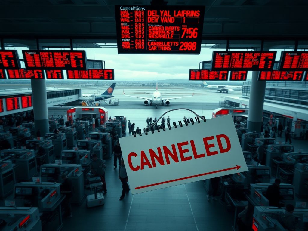 Flick International Aerial view of a busy airport terminal showing flight delays and cancellations