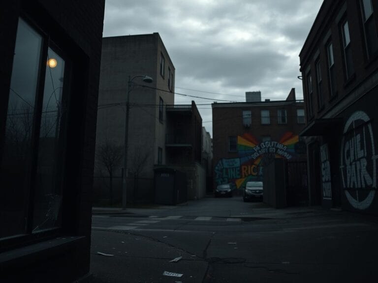 Flick International Somber urban landscape depicting a nearly deserted Portland-area street with broken glass reflecting streetlamp light