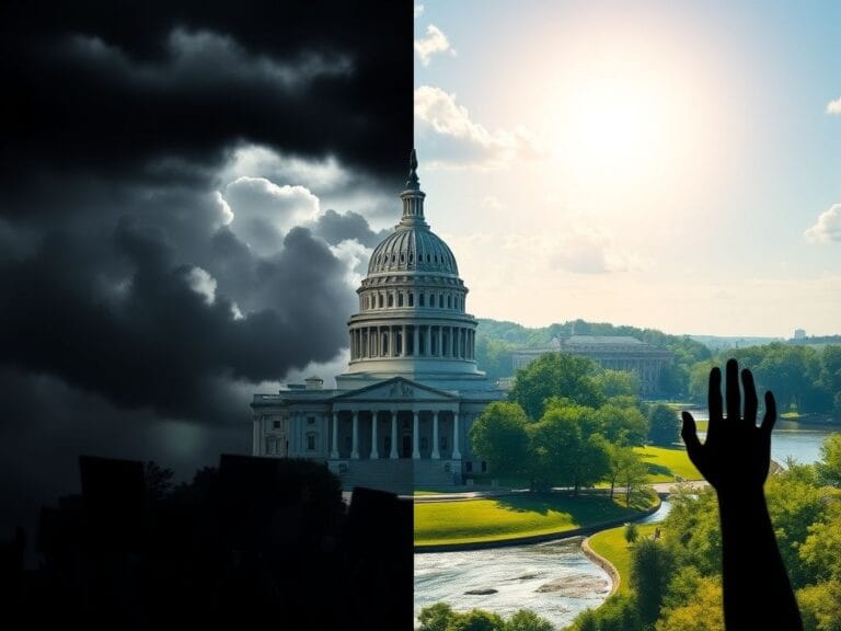 Flick International A split-screen image depicting the stark political divide in America, with a darkened Capitol building on one side and a bright landscape on the other.