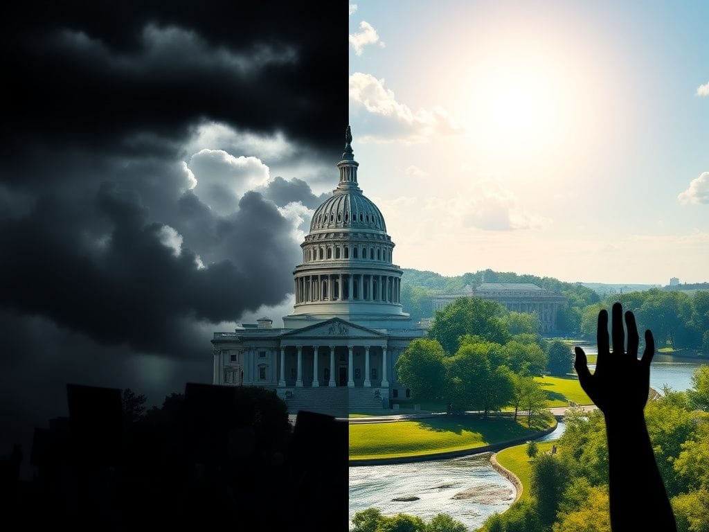 Flick International A split-screen image depicting the stark political divide in America, with a darkened Capitol building on one side and a bright landscape on the other.