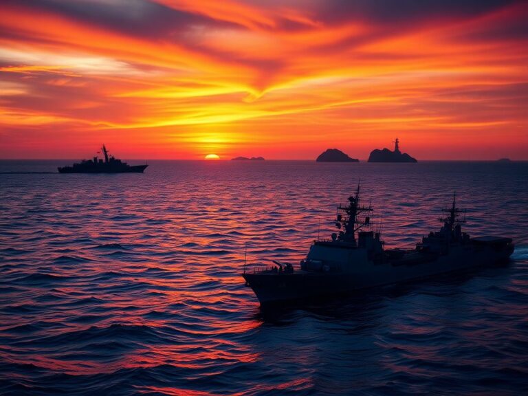 Flick International A dramatic sunset view of the South China Sea with silhouettes of naval vessels.