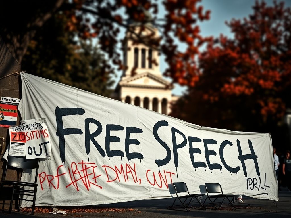 Flick International Dramatic scene at UC Berkeley highlighting free speech struggles with a tattered 'Free Speech' banner and graffiti.